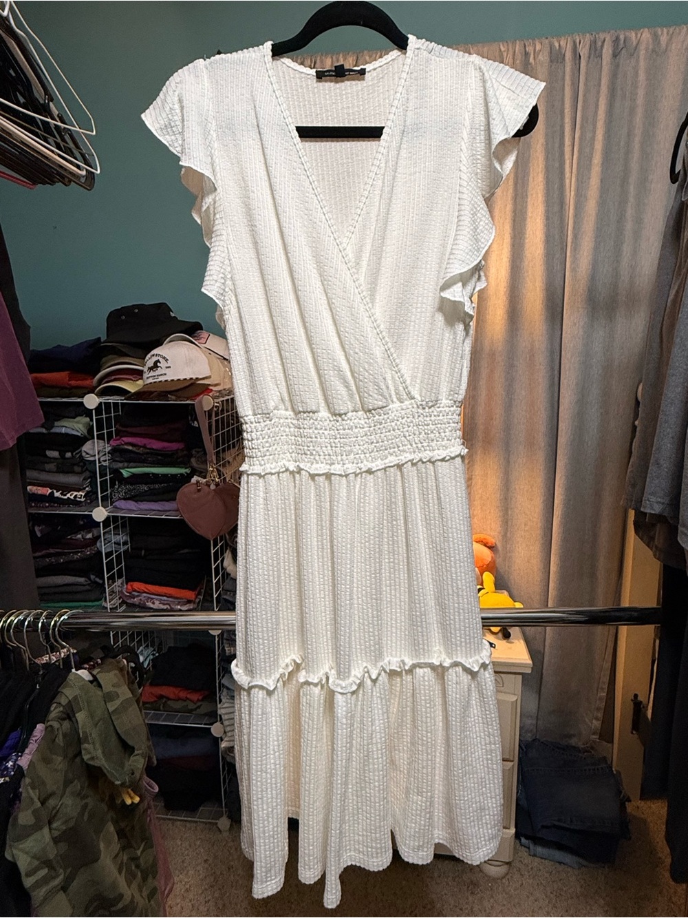 Caution to the Wind White Textured Ruffle Sleeve Smocked Waist